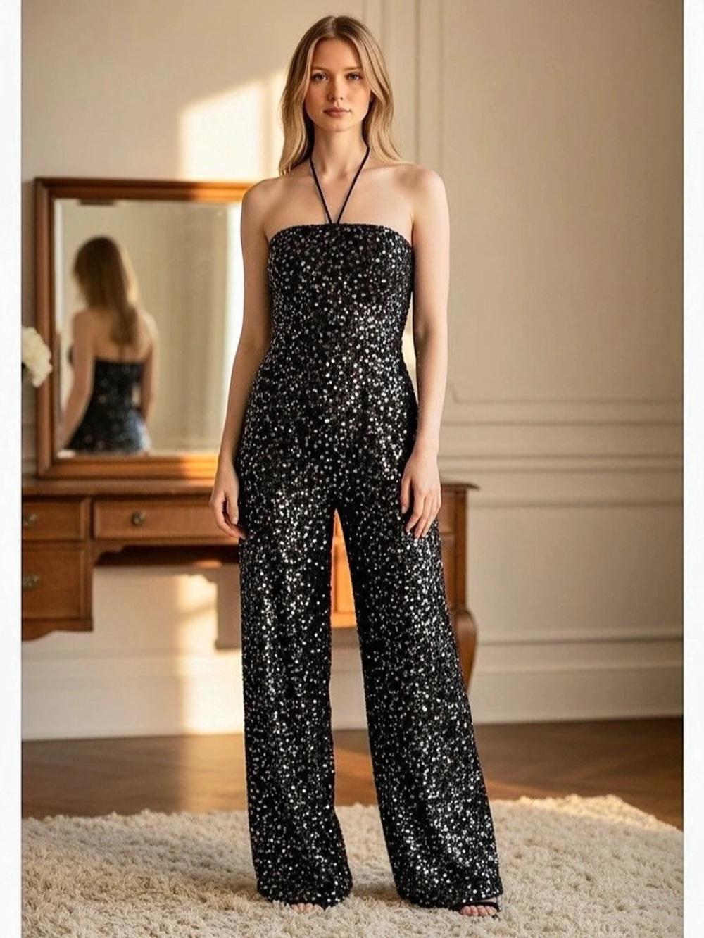 Windsor Black Sequin Wide-Leg Jumpsuit Size Small NWT